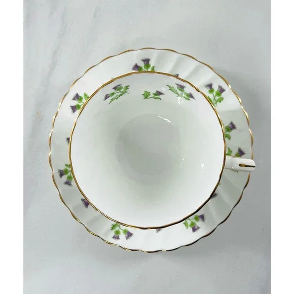 AYNSLEY BONE CHINA TEACUP & SAUCER SET / PURPLE THISTLE / MADE IN ENGLAND - Picture 2 of 10